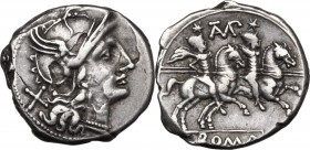 Cn. Baebius Tamphilus. AR Denarius, 194-190 BC. D/ Helmeted head of Roma right; behind, X. R/ The Dioscuri galloping right; above, TAMP ligate; in exe...