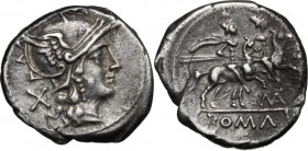 Matienus. AR Denarius, 179-170 BC. Helmeted head of Roma right; behind, X. D/ Helmeted head of Roma right; behind, X. R/ The Dioscuri galloping right;...