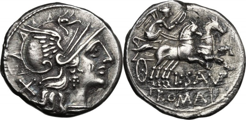 L. Saufeius. AR Denarius, 152 BC. D/ Helmeted head of Roma right, X behind. R/ V...