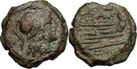 L. Saufeius. AE Triens, 152 BC. D/ Helmeted head of Minerva right; above, four pellets. R/ Prow right; above crescent/ L. SAVF, before, three pellets;...