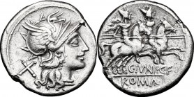 C. Iunius C.f. AR Denarius, 149 BC. D/ Helmeted head of Roma right, behind, X. R/ The Dioscuri galloping right; below horses, C. IVNI. C.F; in exergue...