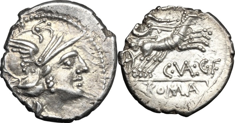 C. Valerius C.f. Flaccus. AR Denarius, 140 BC. D/ Helmeted head of Roma right; [...