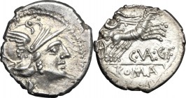 C. Valerius C.f. Flaccus. AR Denarius, 140 BC. D/ Helmeted head of Roma right; [X or XVI] behind. R/ Victory in biga right, [FLAC] above, C. VAL. C.F....