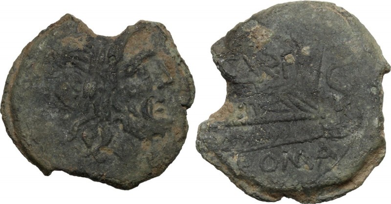 C. Curiatius f. Trigeminus. AE Semis, 135 BC. D/ Laureate head of Saturn right, ...