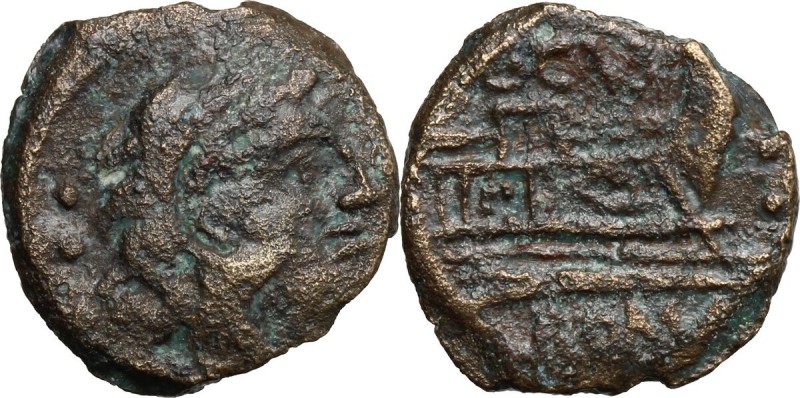 C. Curiatius f. Trigeminus. AE Quadrans, 135 BC (?). D/ Hed of Hercules right; b...