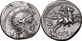 Q. Philippus. AR Denarius, 129 BC. D/ Helmeted head of Roma right; behind, X. R/ Horseman galloping right, wearing crested helmet, holding reins and s...