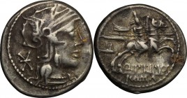 Q. Marcius Philippus. AR Denarius, 129 BC. D/ Helmeted head of Roma right; behind, X. R/ Horseman galloping right, wearing crested helmet, holding rei...