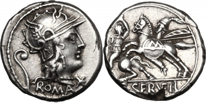 C. Servilius Vatia. AR Denarius, 127 BC. D/ Helmeted head of Roma right; below c...