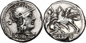 C. Servilius Vatia. AR Denarius, 127 BC. D/ Helmeted head of Roma right; below chin, X; behind, lituus and below, ROMA. R/ Battle on horseback between...