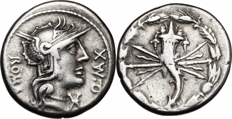 Q. Fabius Maximus. AR Denarius, 127 BC. D/ Helmeted head of Roma right; below ch...