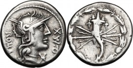 Q. Fabius Maximus. AR Denarius, 127 BC. D/ Helmeted head of Roma right; below chin, X; behind, ROMA; before, Q. MAX. R/ Cornucopiae on thunderbolt wit...