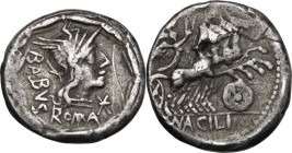 Man. Acilius Balbus. AR Denarius, 125 BC. D/ Helmeted head of Roma right; behind, BALBVS; below, ROMA; before, X; all in laurel wreath. R/ Jupiter and...
