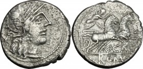 C. Cato. AR Denarius, 123 BC. D/ Helmeted head of Roma right; behind, X. R/ Victory in biga right, holding reins and whip; below, C.CATO; in exergue, ...