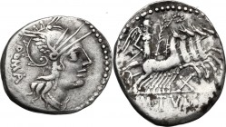 M. Tullius. AR Denarius, 120 BC. D/ Helmeted head of Roma right, ROMA behind. R/ Victory in quadriga right; below horses, X; in exergue, M. TVLLI. Cr....