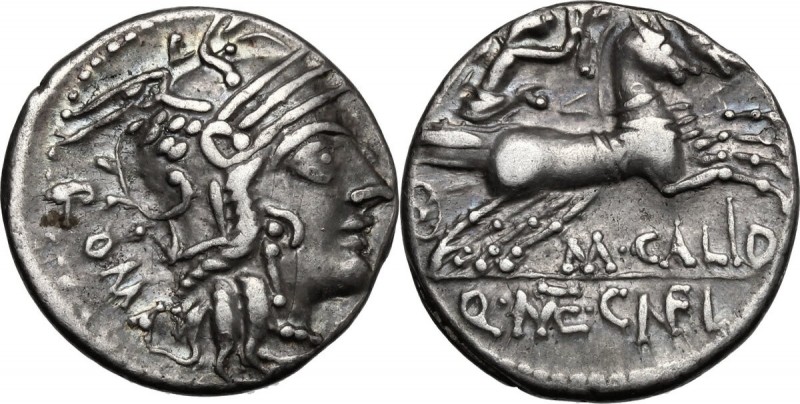 M. Calidius, Q. Metellus and Cn. Fulvius. AR Denarius, 117-116 BC. D/ Helmeted h...