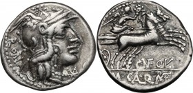 Cn. Fulvius, M. Calidius and Q. Metellus. AR Denarius, 117-116 BC. D/ Helmeted head of Roma right, X below chin, ROMA behind. R/ Victory in biga right...