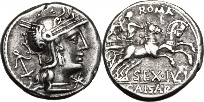 Sex. Julius Caesar. AR Denarius, 129 BC. D/ Helmeted head of Roma right; behind,...