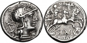 Sex. Julius Caesar. AR Denarius, 129 BC. D/ Helmeted head of Roma right; behind, anchor; below chin, X. R/ ROMA. Venus in prancing biga right, crowned...