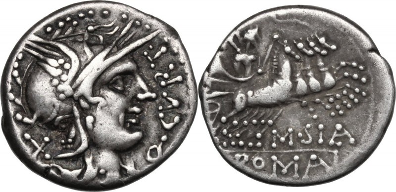 Q. Curtius. AR Denarius, 116-115 BC. D/ Helmeted head of Roma right, X behind, Q...