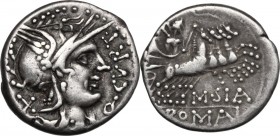 Q. Curtius. AR Denarius, 116-115 BC. D/ Helmeted head of Roma right, X behind, Q. CVRT before. R/ Jupiter in galloping quadriga right, M. SILA below h...