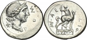 Mn. Aemilius Lepidus. AR Denarius, 114-113 BC. D/ Female bust right, laureate, diademed, draped. R/ Equestrian statue on top of an arch with three ope...
