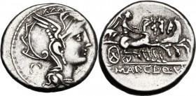 T. Manlius Mancinus, Appius Claudius Pulcher and Q. Urbinius. AR Denarius, 111-110 BC. D/ Helmeted head of Roma right; behind, quadrangular device. R/...