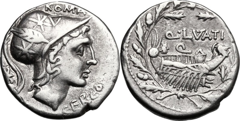 Q. Lutatius Cerco. AR Denarius, 109-108 BC. D/ Head of Roma right, wearing helme...