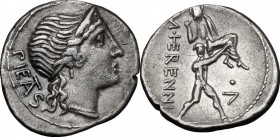 M. Herennius. AR Denarius, 108/107 BC. D/ PIETAS. Diademed head of Pietas right. R/ M. HERENNI. One of the Catanean brothers running right, carrying h...
