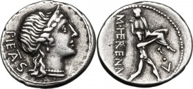 M. Herennius. AR Denarius, 108-107 BC. D/ Head of Pietas right, wearing diadem; behind, PIETAS. R/ M. HERENNI. One of the Catanean brothers running ri...