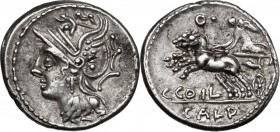 C. Coelius Caldus. AR Denarius, 104 BC. D/ Helmeted head of Roma left. R/ Victory in biga left; below horses, C. COIL; in exergue, CALD; above, O and ...