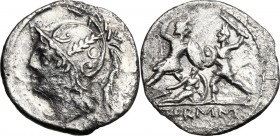 Q. Thermus M.f. AR Denarius, 103 BC. D/ Helmeted head of Mars left. R/ Roman soldier fighting enemy in protection of fallen comrade; in exergue, Q. TH...
