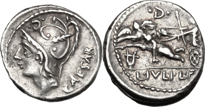 L. Julius L.f. Caesar. AR Denarius, 103 BC. D/ Helmeted head of Mars left; behin...