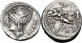 L. Julius L.f. Caesar. AR Denarius, 103 BC. D/ Helmeted head of Mars left; behind, CAESAR; above, D between two dots. R/ Venus in biga of Cupids left,...