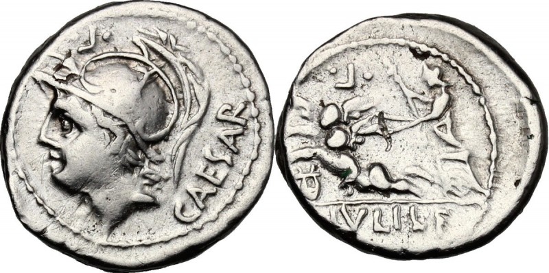 L. Julius L.f. Caesar. AR Denarius, 103 BC. D/ Helmeted head of Mars left; behin...