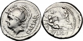 L. Julius L.f. Caesar. AR Denarius, 103 BC. D/ Helmeted head of Mars left; behind, CAESAR; above, L (reversed) between two dots. R/ Venus in biga of C...