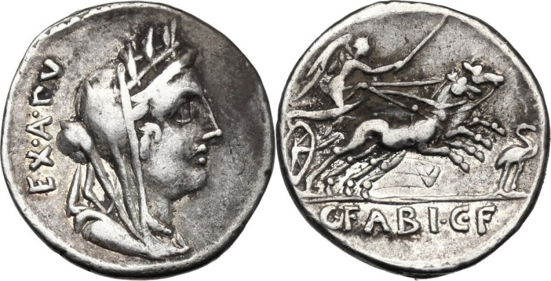 C. Fabius C. f. Hadrianus. AR Denarius, 102 BC. D/ Bust of Cybele right, wearing...