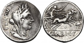 C. Fabius C. f. Hadrianus. AR Denarius, 102 BC. D/ Bust of Cybele right, wearing turreted crown and veil; behind, EX.A.PV. R/ Victory in biga right, h...