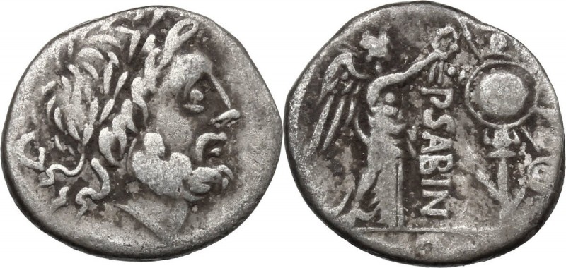 P. Vettius Sabinus. AR Quinarius, 99 BC. D/ Laureate head of Jupiter right; behi...