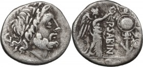 P. Vettius Sabinus. AR Quinarius, 99 BC. D/ Laureate head of Jupiter right; behind, G. R/ Victory standing right, crowning trophy; between, P. SABIN; ...
