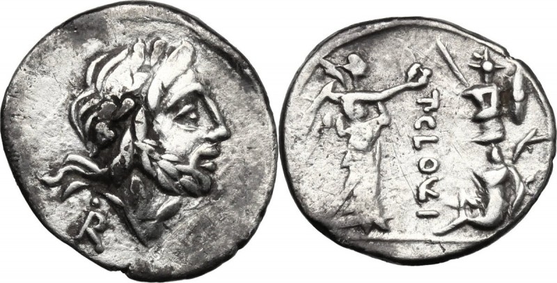 T. Cloelius. AR Quinarius, 98 BC. D/ Head of Jupiter right; behind, R and dot. R...