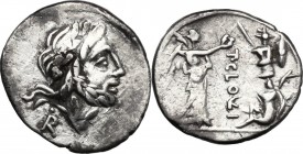 T. Cloelius. AR Quinarius, 98 BC. D/ Head of Jupiter right; behind, R and dot. R/ Victory standing right, crowning a trophy placed on a Gaulish captiv...