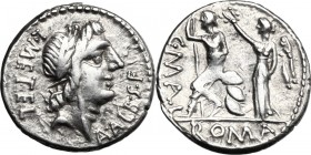 C. Poblicius Malleolus, A. Postumius Sp. f. Albinus and L. Metellus. AR Denarius, 96 BC. D/ L. METEL - A. ALB. S.F. Laureate head of Apollo right. R/ ...