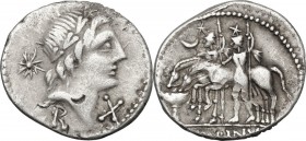 C. Poblicius Malleolus, A. Postumius Sp. f. Albinus and L. AR Denarius, 96 BC. D/ Laureate head of Apollo right; below chin, X; behind, star of ten ra...
