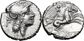 D. Silanus L.f. AR Denarius, 91 BC. D/ Helmeted head of Roma right; behind, F. R/ Victory in biga right; above, III; in exergue, D. SILANVS L.F/ROMA. ...