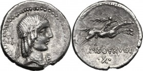 L. Calpurnius Piso Frugi. AR Denarius, 90 BC. D/ Laureate head of Apollo right; behind, H; below chin, E. R/ Horseman galloping right, holding palm-br...