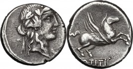 Q. Titius. AR Denarius, 90 BC. D/ Head of young Bacchus right, wearing ivy-wreath. R/ Pegasus prancing right; below, Q.TITI in linear frame. Cr. 341/2...