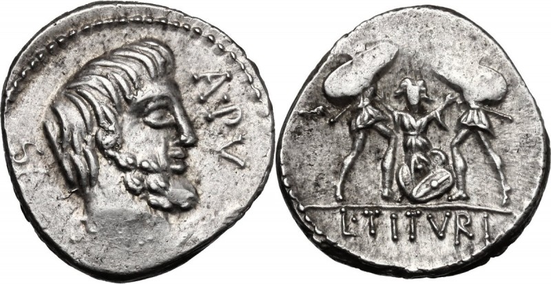 L. Titurius L. f. Sabinus. AR Denarius, 89 BC. D/ Bearded head of King Tatius ri...