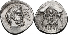 L. Titurius L. f. Sabinus. AR Denarius, 89 BC. D/ Bearded head of King Tatius right; before, palm-branch; before, A. PV and palm branch. R/ Rape of th...