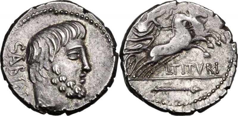 L. Titurius L. f. Sabinus. AR Denarius, 89 BC. D/ Bearded head of king Tatius ri...