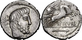 L. Titurius L. f. Sabinus. AR Denarius, 89 BC. D/ Bearded head of king Tatius right; behind, SABIN. R/ Victory in biga right, holding reins and wreath...